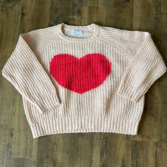 Old Navy Pink Heart Sweater Women’s Small Cream Blush Knit Valentine Pullover - Picture 1 of 6